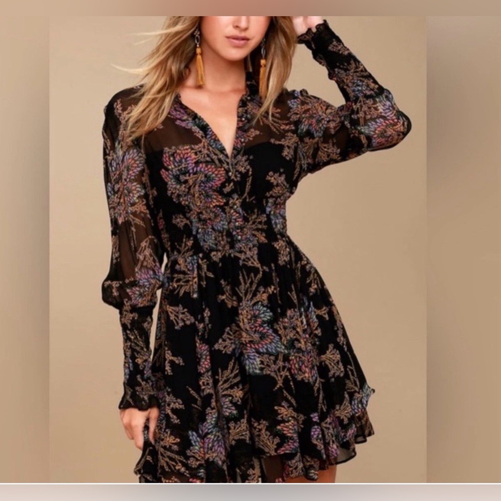 ❤️Free people Floral Black Dress long sleeve